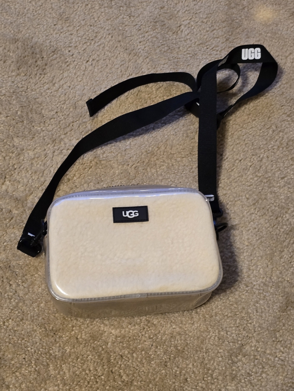 UGG Janey II NEUTRAL SHEARLING Clear Crossbody Bag with Black Strap